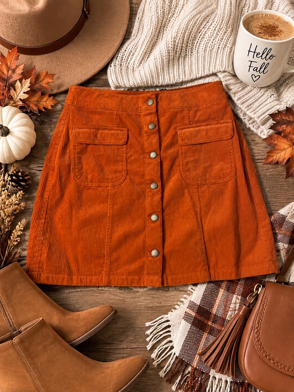 LOFT Rust Orange Corduroy Button-Front Mini Skirt